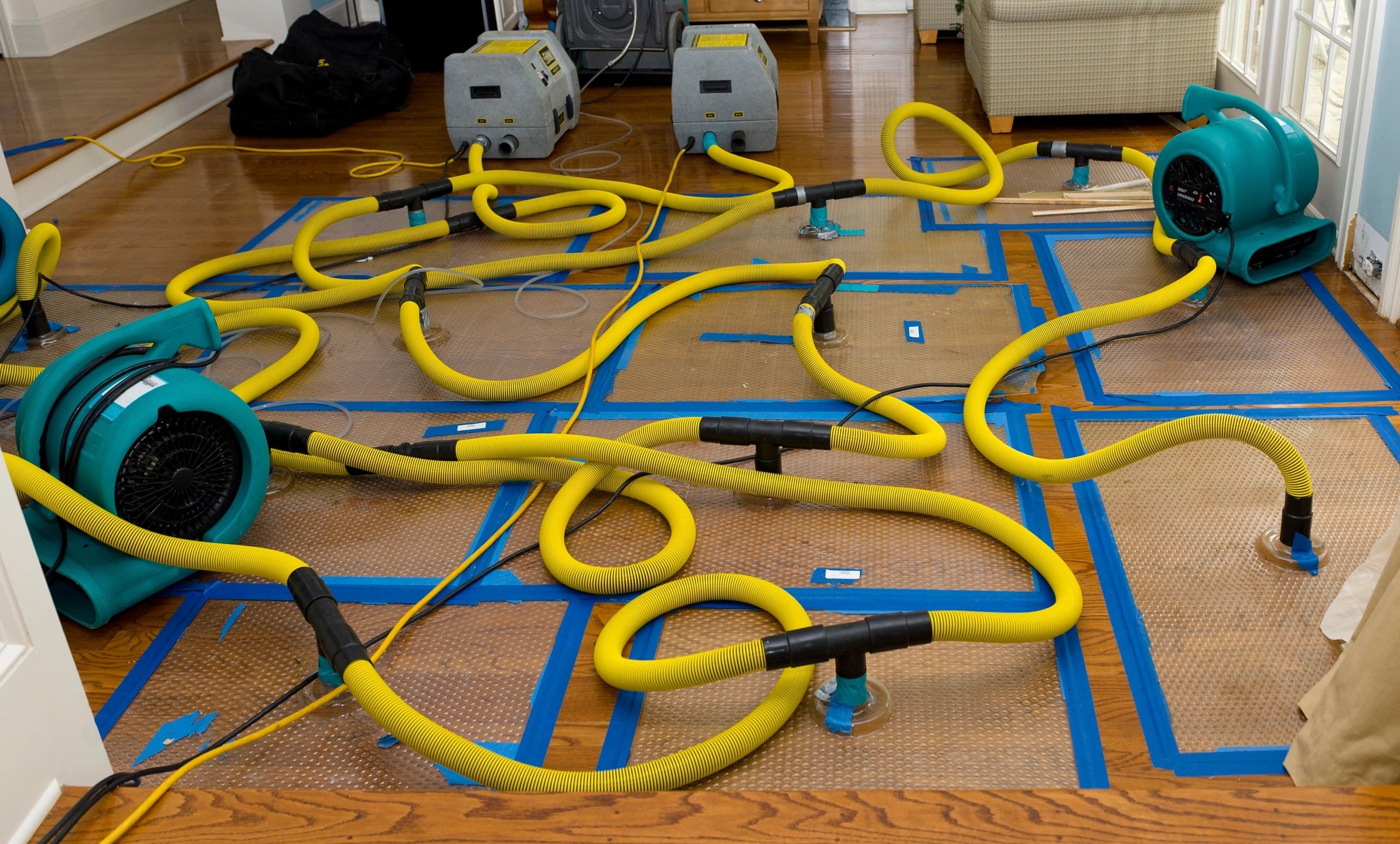 Water damage restoration equipment including air movers and dehumidifiers
